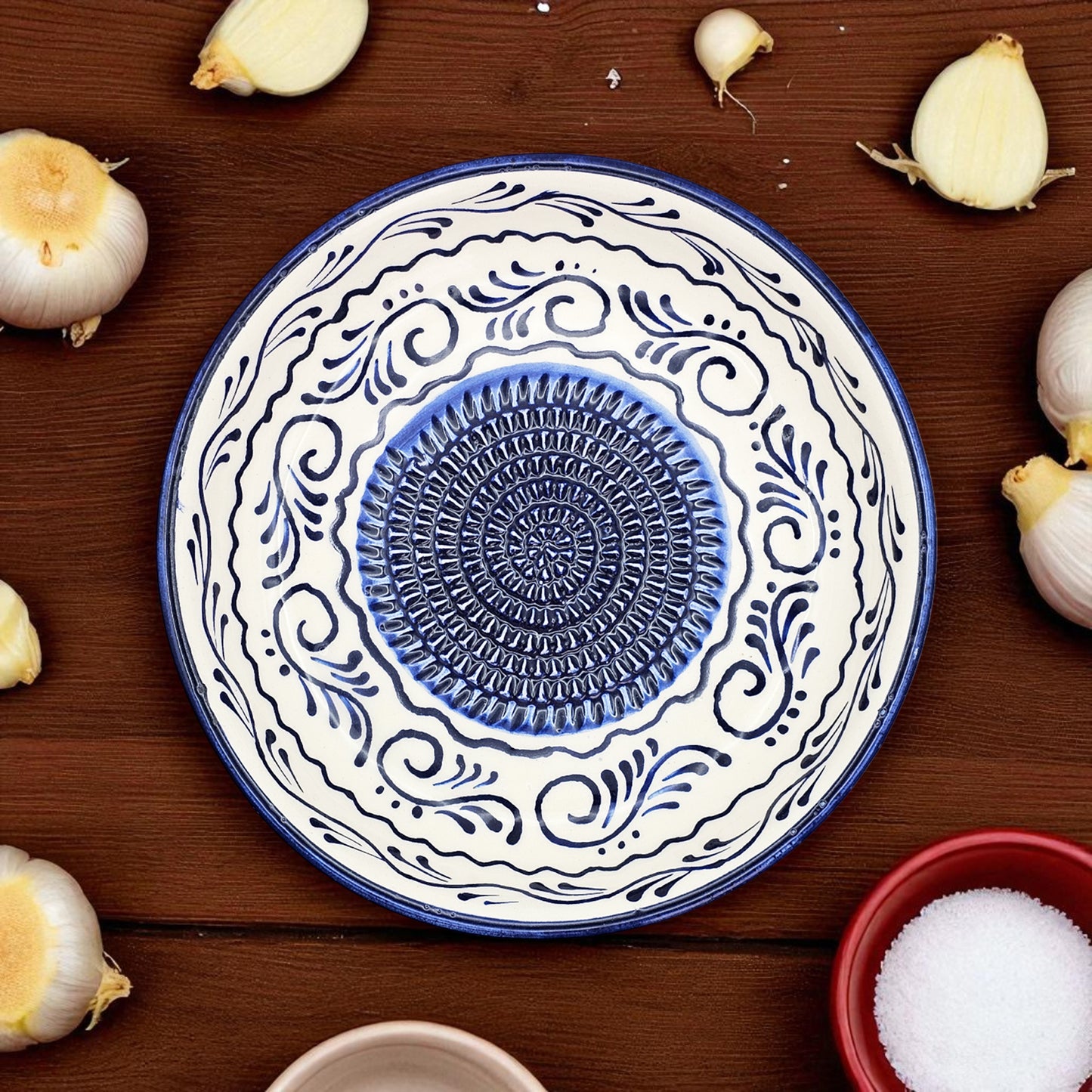 Garlic Grater Bowl, Navy Wave Grater Plate, 7" Ceramic Garlic Grinder, Decorative Grater Bowl