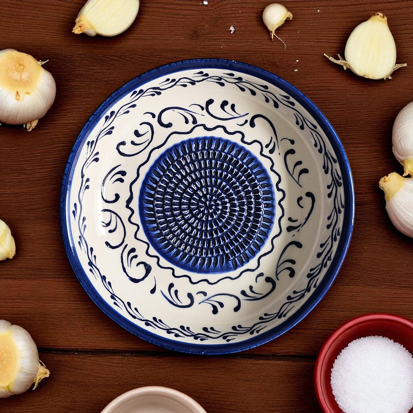 Garlic Grater Bowl, Blue Swirls Design Grater Plate, 7" Ceramic Garlic Grinder, Decorative Grater Bowl