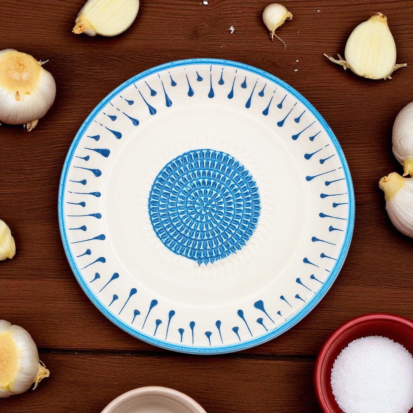 Garlic Grater Bowl, Blue Drops Grater Plate, 7" Ceramic Garlic Grinder, Decorative Grater Bowl