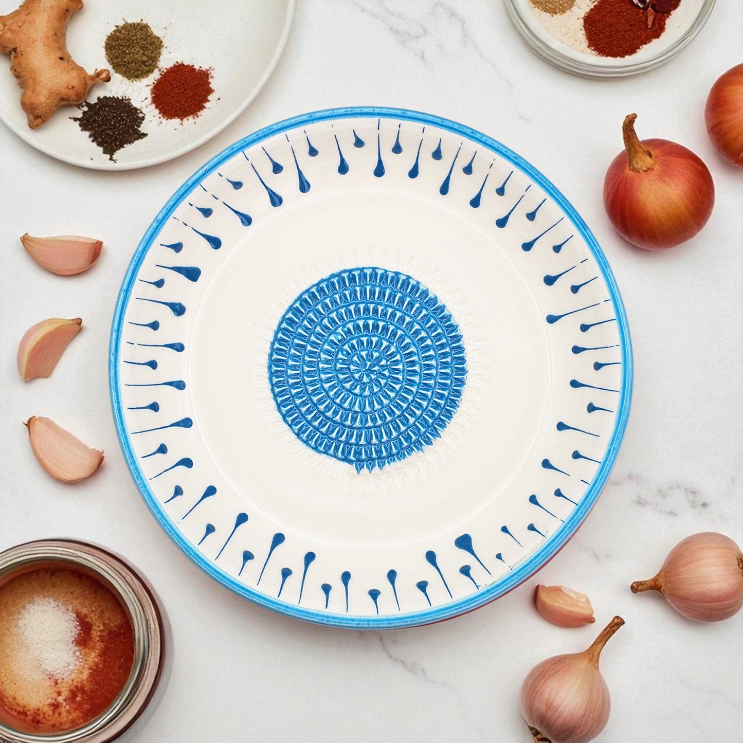 Garlic Grater Bowl, Blue Drops Grater Plate, 7" Ceramic Garlic Grinder, Decorative Grater Bowl