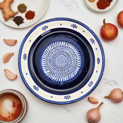 Garlic Grater Bowl, Daisy Navy Grater Plate, 7" Ceramic Garlic Grinder, Decorative Grater Bowl