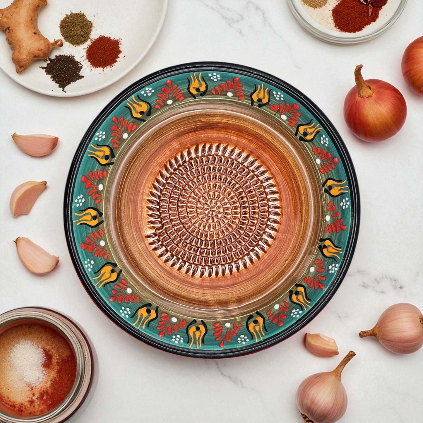 Garlic Grater Bowl, Green Petals Design Grater Plate, 7" Ceramic Garlic Grinder Bowl