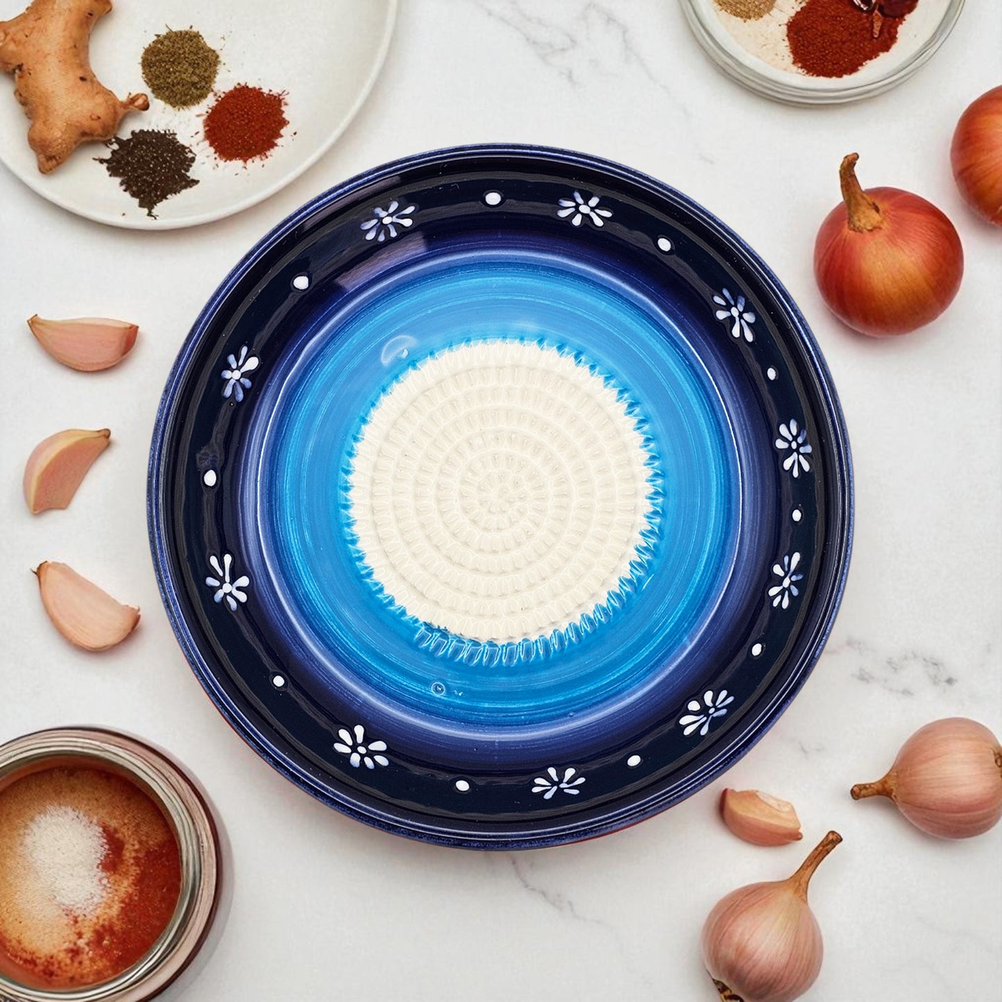 Garlic Grater Bowl, Daisy Blue Grater Plate, 7" Ceramic Garlic Grinder, Decorative Grater Bowl