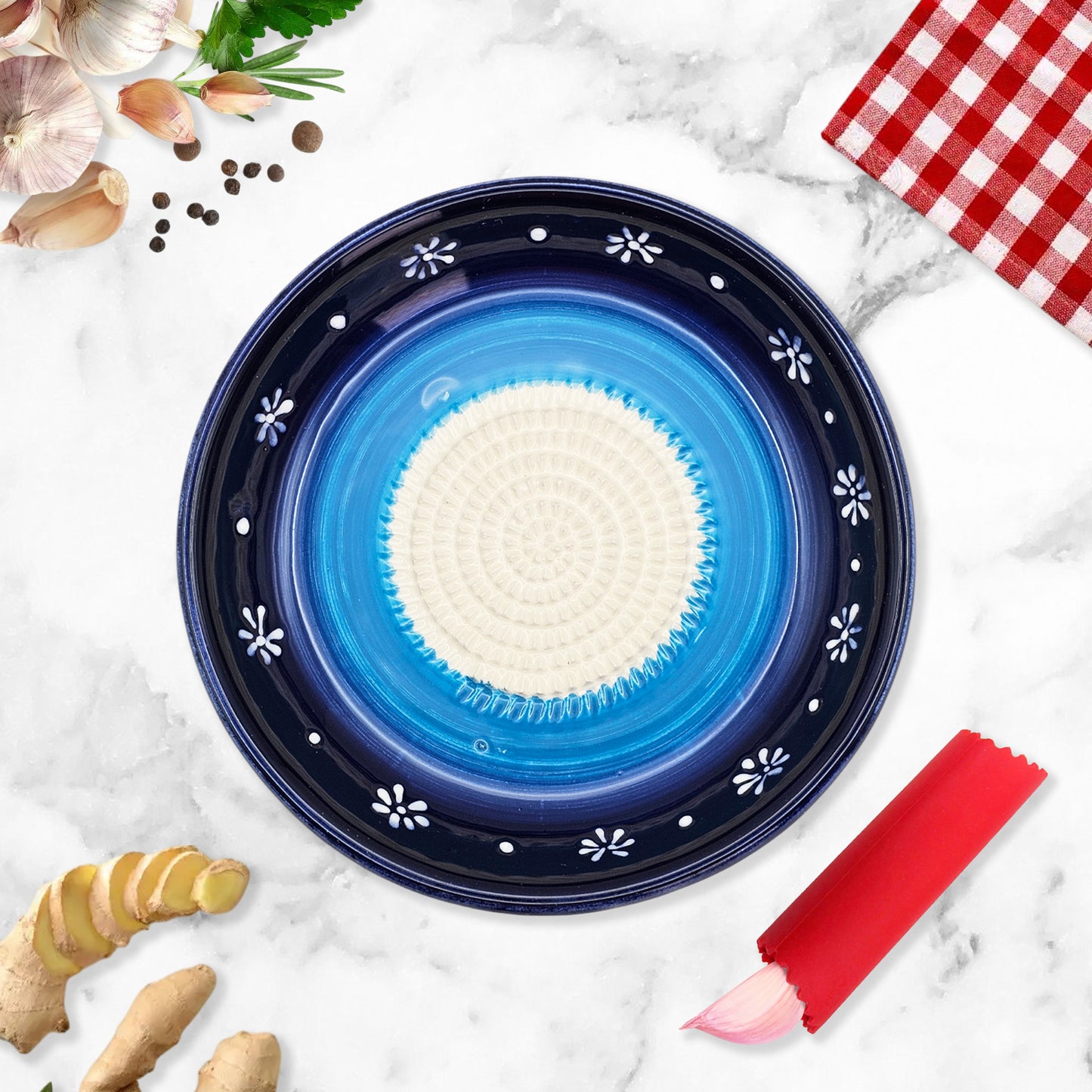 Garlic Grater Bowl, Daisy Blue Grater Plate, 7" Ceramic Garlic Grinder, Decorative Grater Bowl