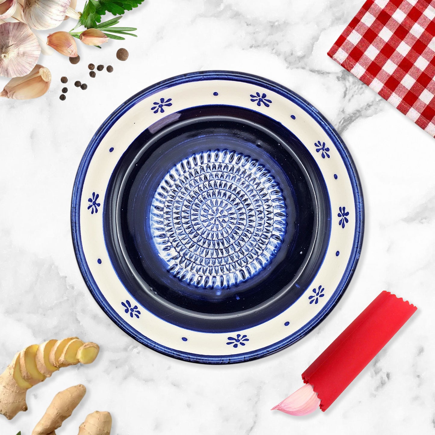 Garlic Grater Bowl, Daisy Navy Grater Plate, 7" Ceramic Garlic Grinder, Decorative Grater Bowl