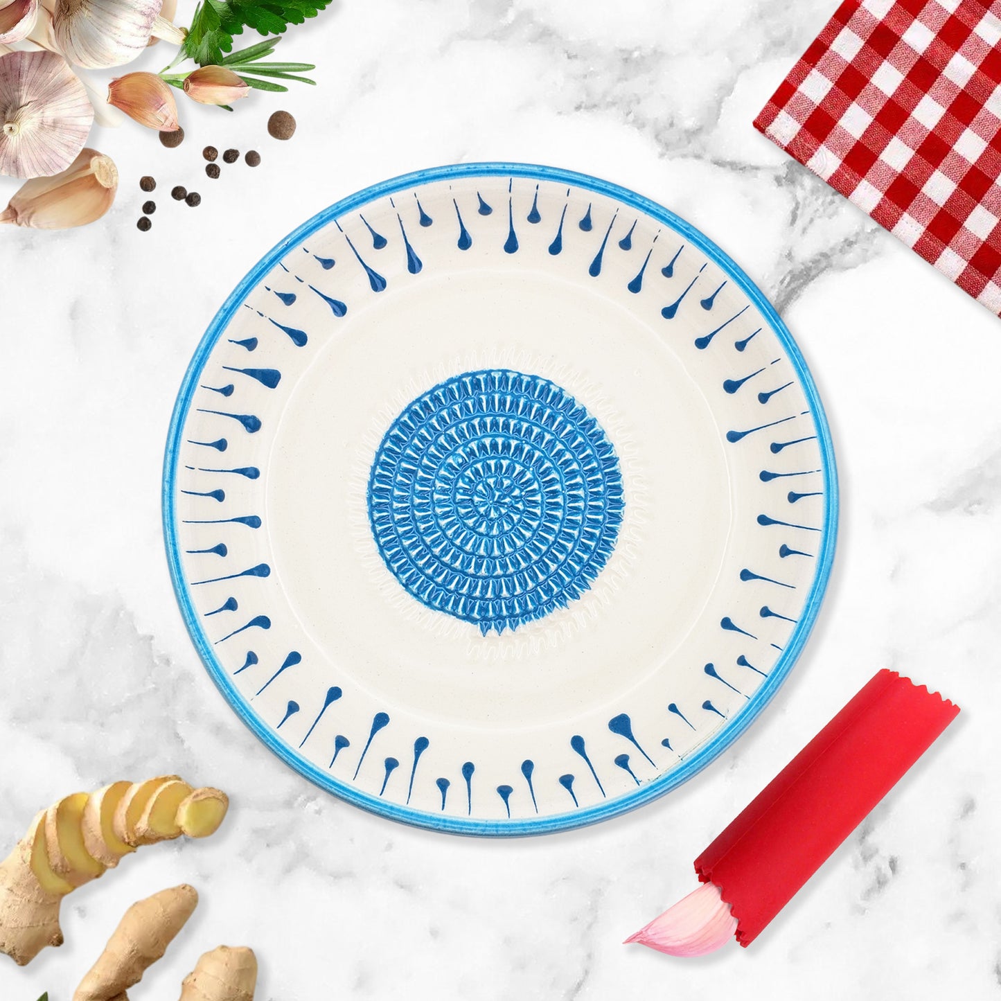Garlic Grater Bowl, Blue Drops Grater Plate, 7" Ceramic Garlic Grinder, Decorative Grater Bowl