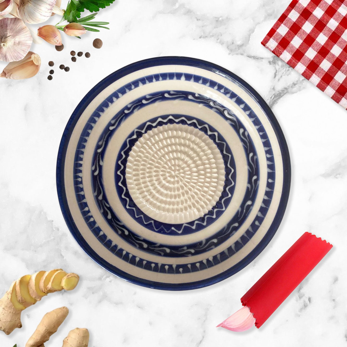 Garlic Grater Bowl, Blue Waves Design Grater Plate, 7" Ceramic Garlic Grinder, Decorative Grater Bowl