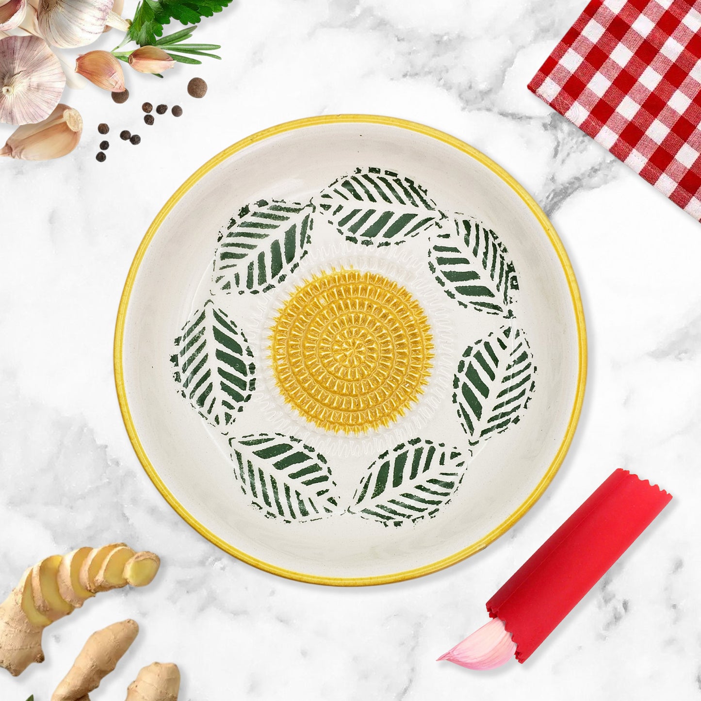 Garlic Grater Bowl, Tropical Yellow Plate, 7" Ceramic Garlic Grinder, Decorative Grater Bowl