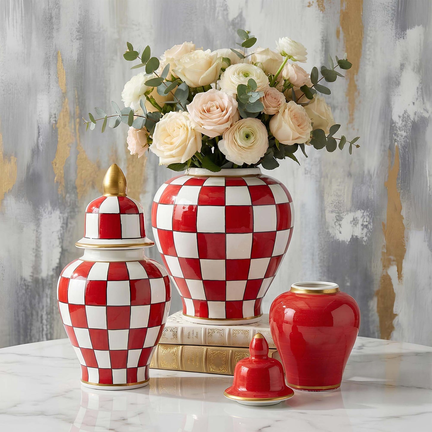 Handmade Ceramic Jar, Crimson Check Ceramic Jar with Lid