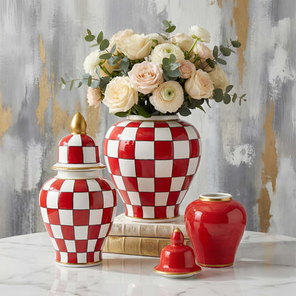 Handmade Ceramic Jar, Crimson Check Ceramic Jar with Lid