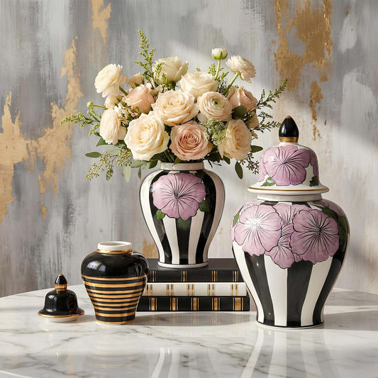 Decorative jars with floral patterns on a marble surface with a gold and gray abstract background.