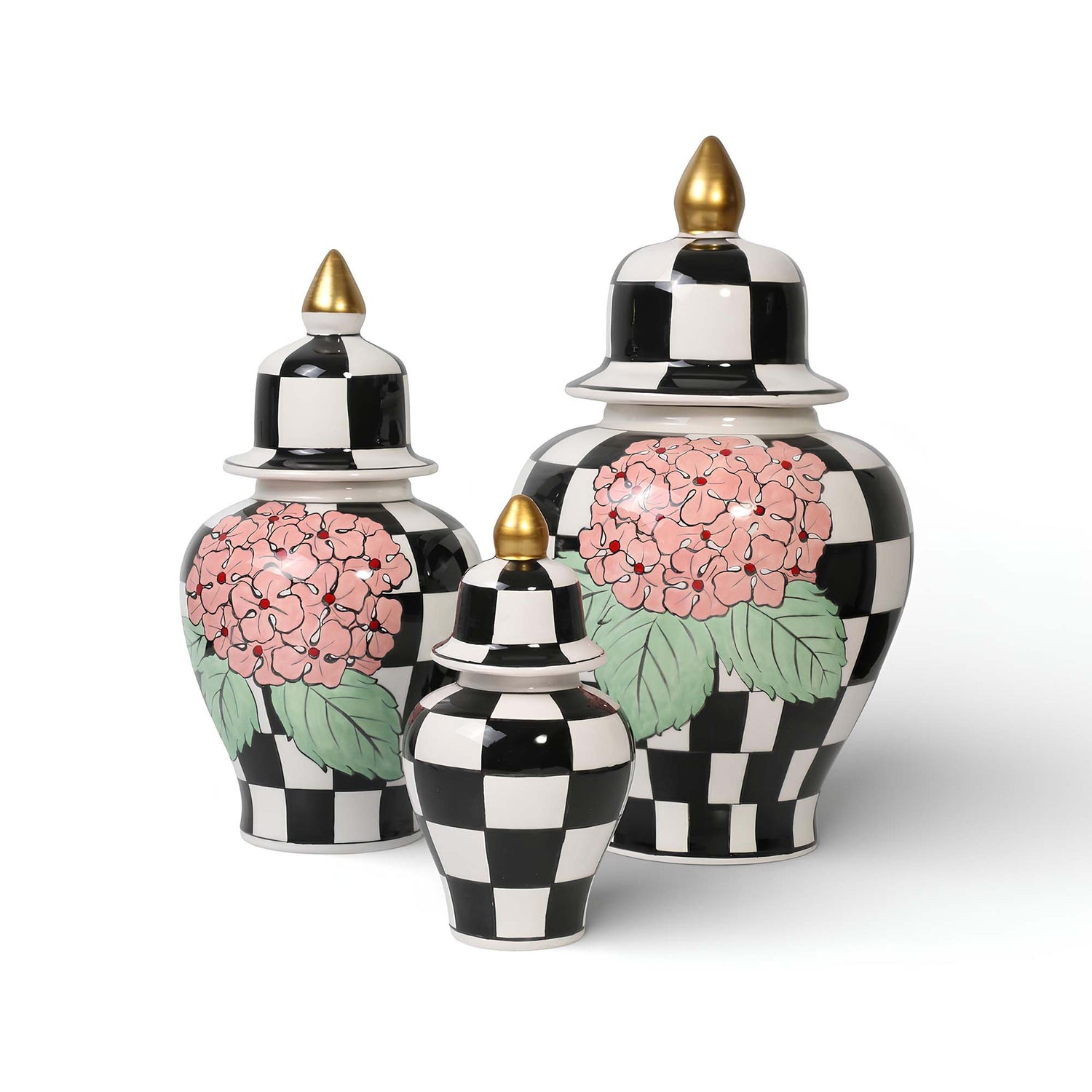 Set of decorative jars with floral designs and checkered patterns on a white background