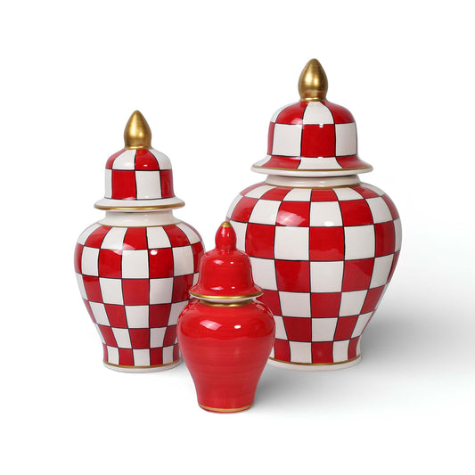 Handmade Ceramic Jar, Crimson Check Ceramic Jar with Lid