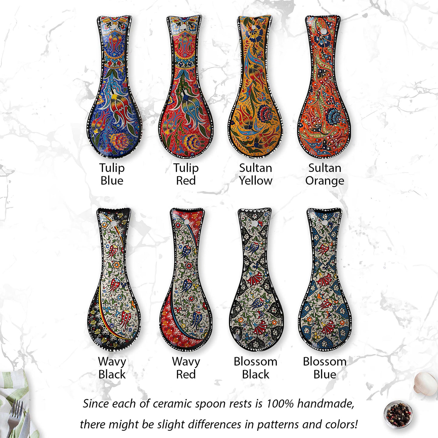 Colorful ceramic spoon rests with floral patterns on a white background.