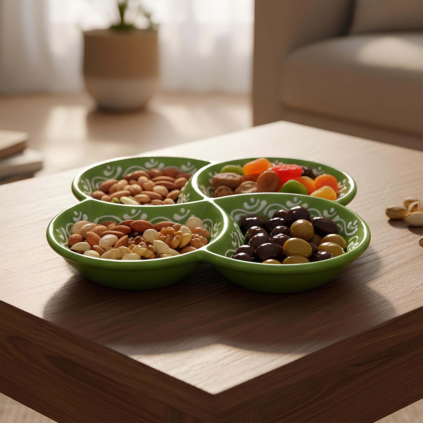 Green divided ceramic bowl with assorted nuts and dried fruits on a wooden table.