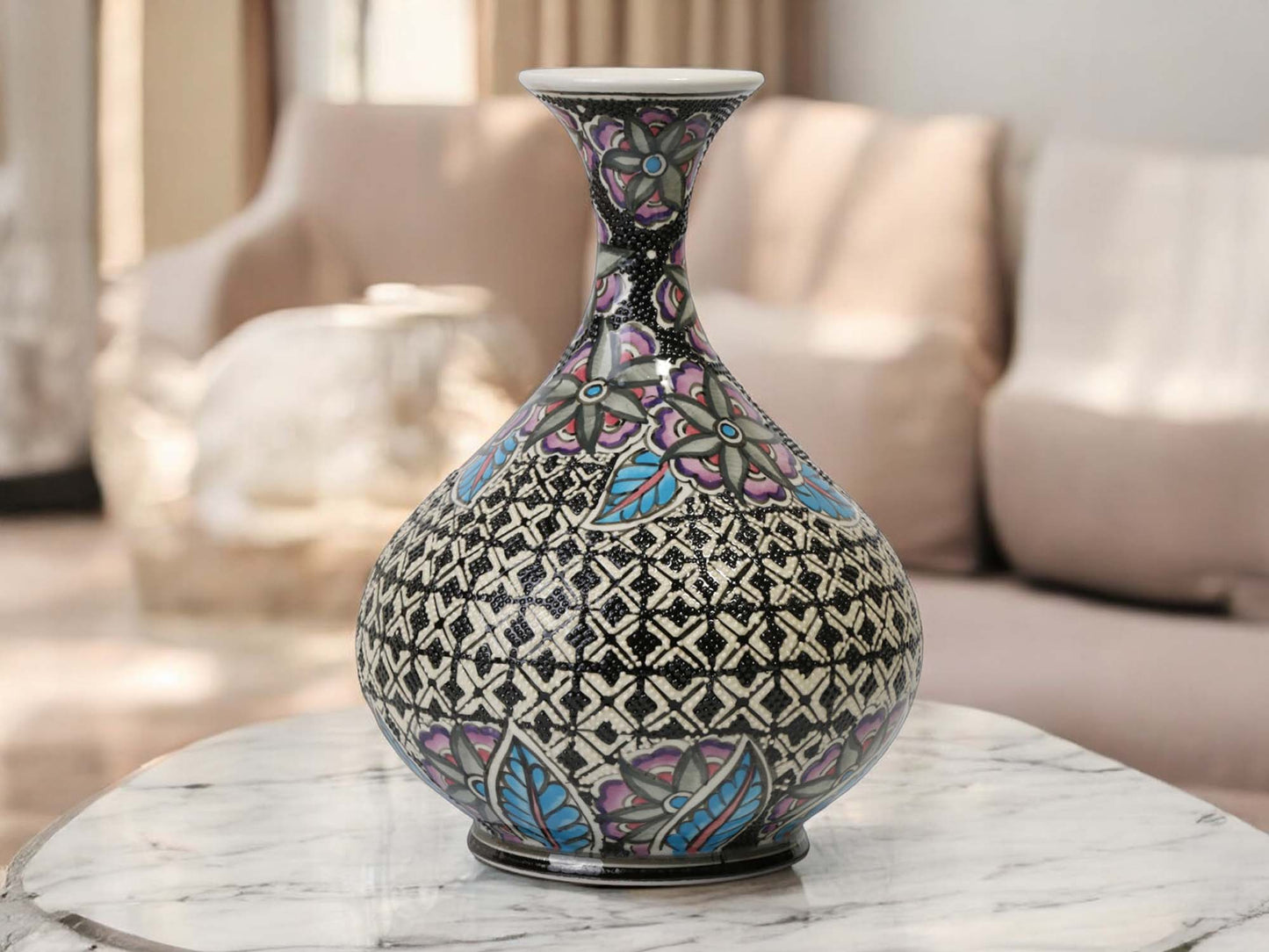 Decorative vase with geometric pattern on a marble surface in a living room setting