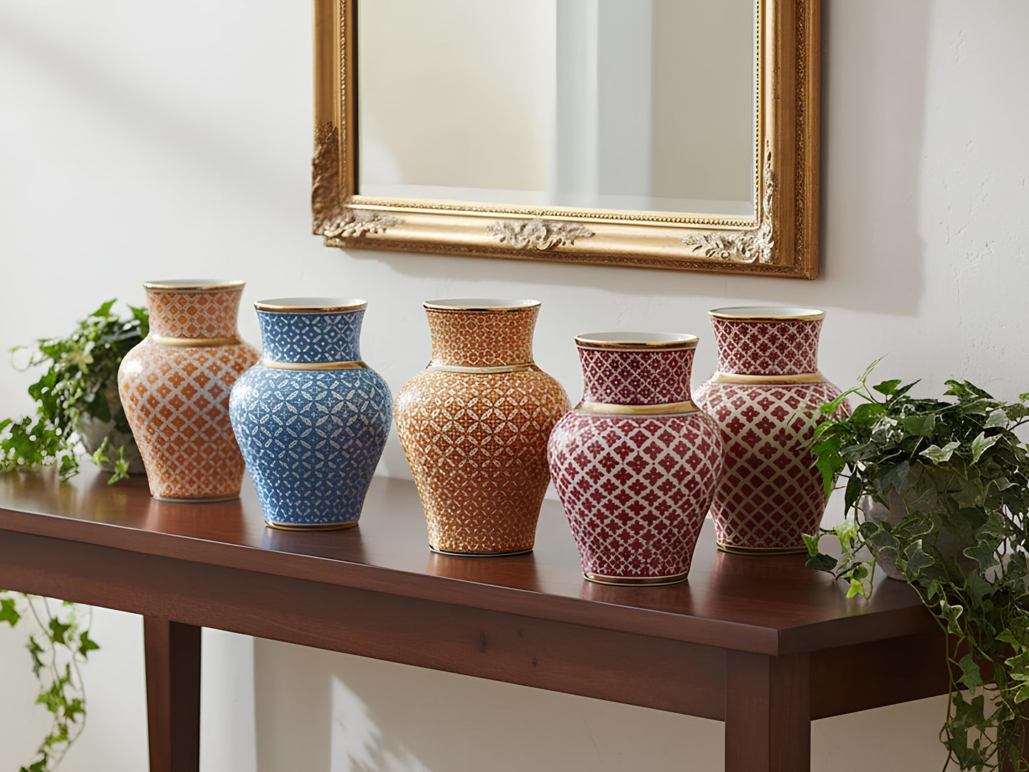 Set of five patterned vases on a wooden table with a decorative mirror in the background.
