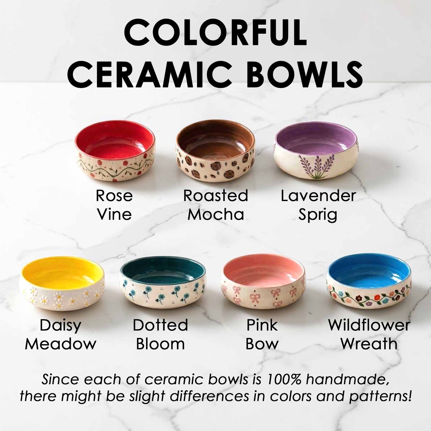 Colorful ceramic bowls with various patterns and colors on a white background