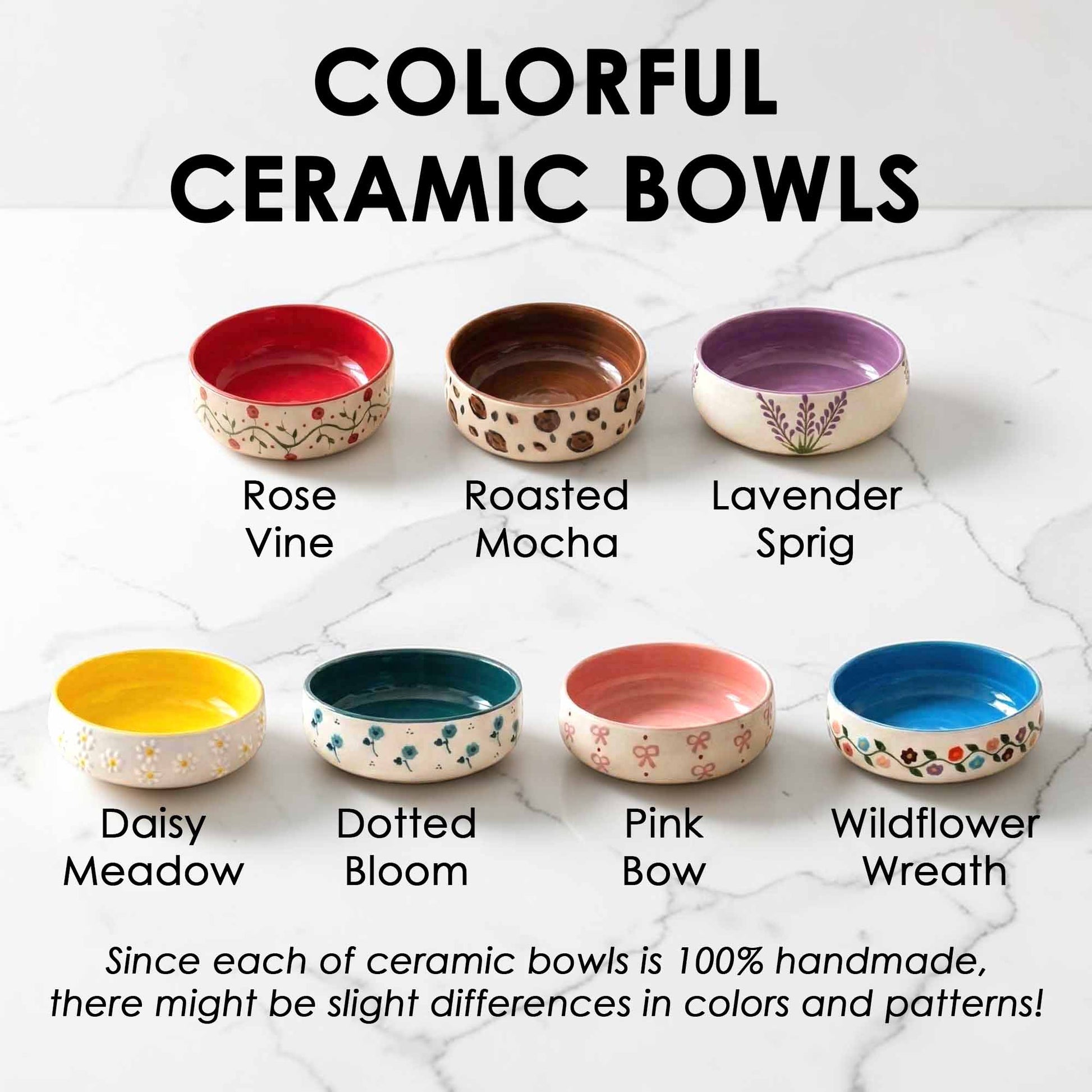 Colorful ceramic bowls with various patterns and colors on a white background