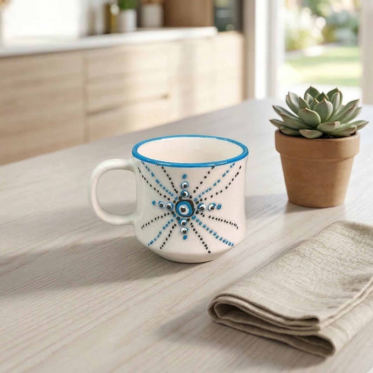 Decorative mug with blue patterns on a table with a potted plant and folded cloth.