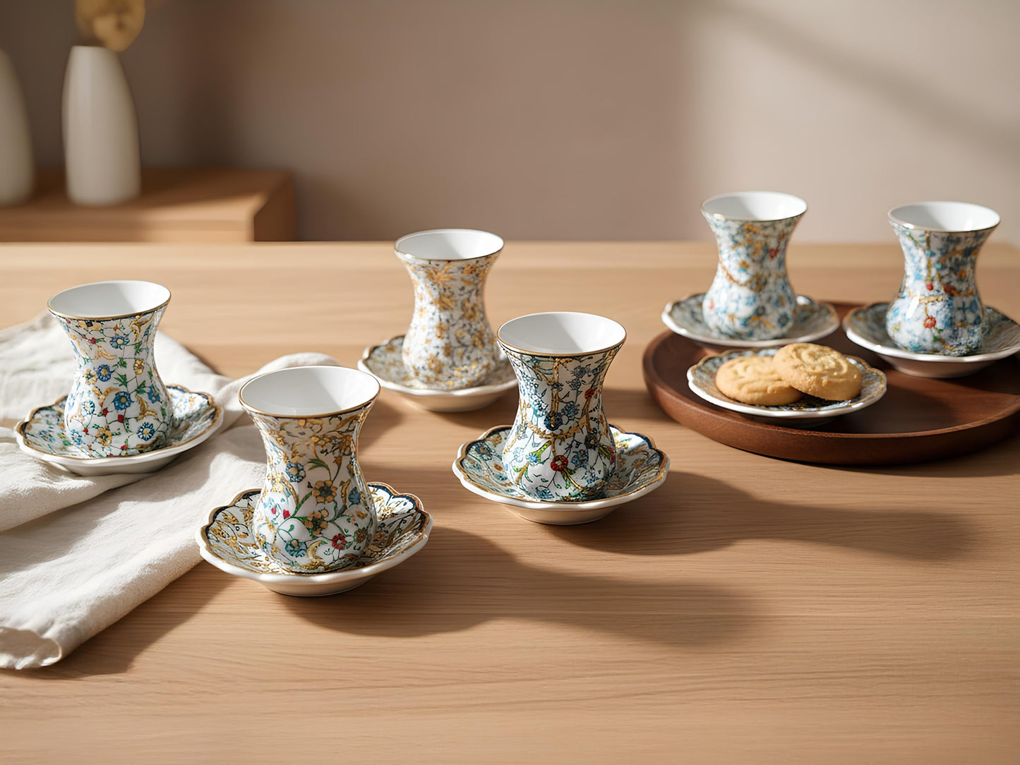 Set of floral teacups and saucers on a wooden table with a soft background