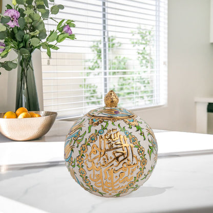 Handmade Ceramic Jar, Floral Script Decorative Jar with Lid, Ceramic Golden Globe Jar