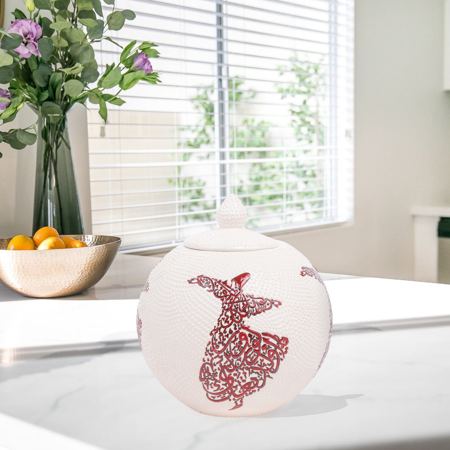 Handmade Ceramic Jar, Red Whirling Dervish Decorative Jar with Lid, Ceramic Globe Jar