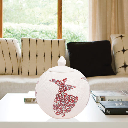 Handmade Ceramic Jar, Red Whirling Dervish Decorative Jar with Lid, Ceramic Globe Jar