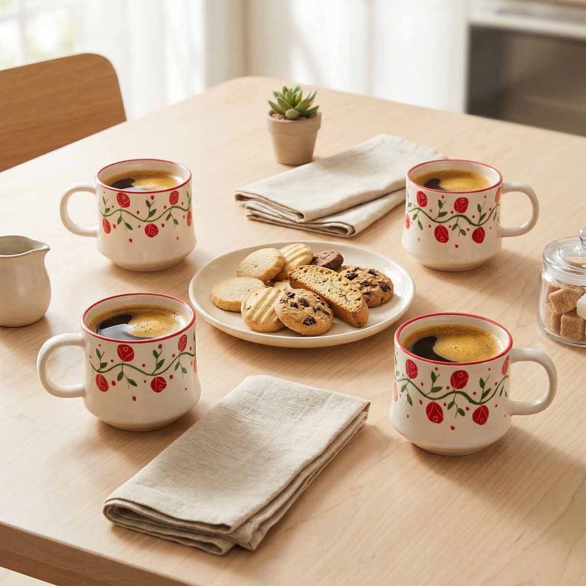 Four mugs with floral designs filled with coffee on a table with cookies and a plant.