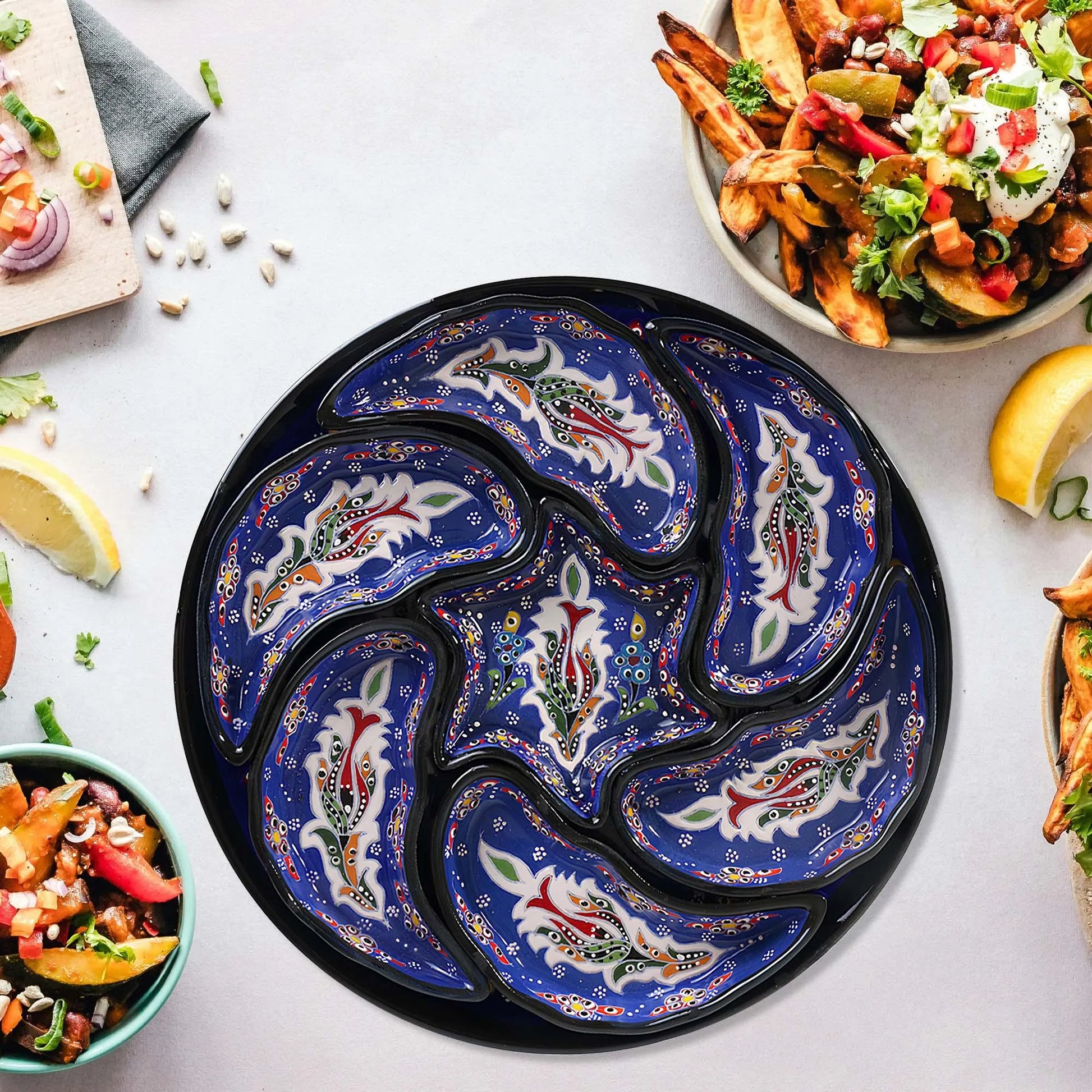 Blue Turkish Floral – 8 Piece Ceramic Snack Serving Tray Set, Handmade Appetizer Platters - EVANILIFE