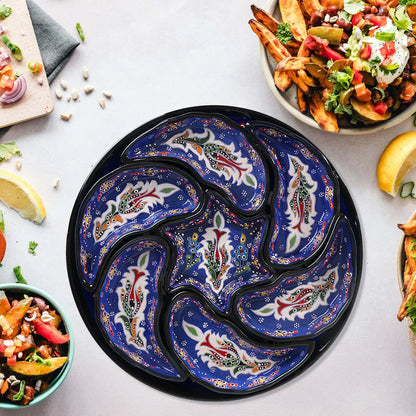 Blue Turkish Floral – 8 Piece Ceramic Snack Serving Tray Set, Handmade Appetizer Platters - EVANILIFE