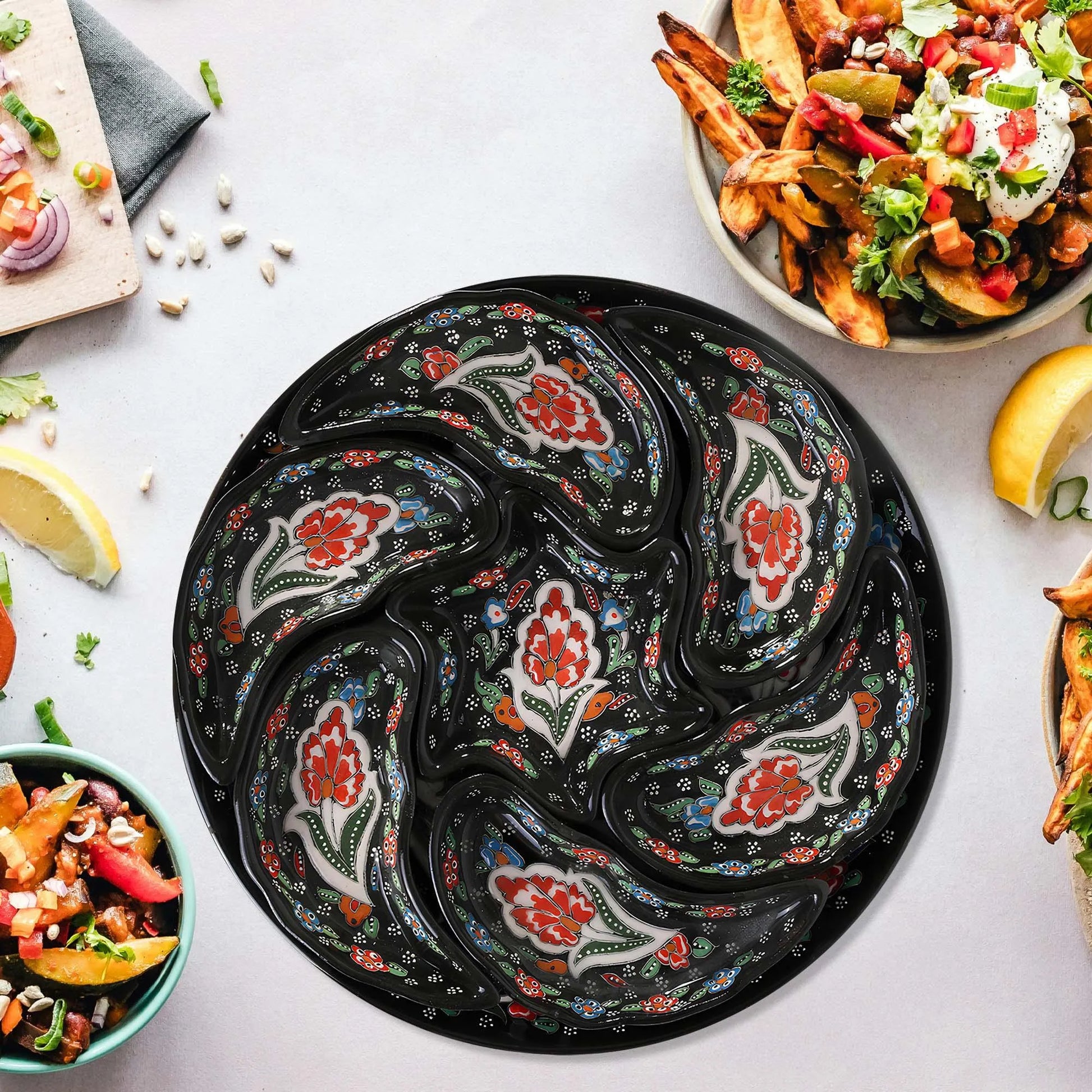 Black Turkish Floral – 8 Piece Ceramic Snack Serving Tray Set, Handmade Appetizer Platters - EVANILIFE