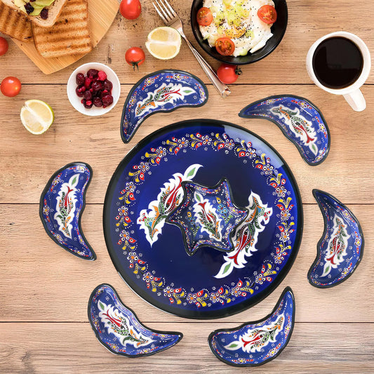 Blue Turkish Floral – 8 Piece Ceramic Snack Serving Tray Set, Handmade Appetizer Platters - EVANILIFE