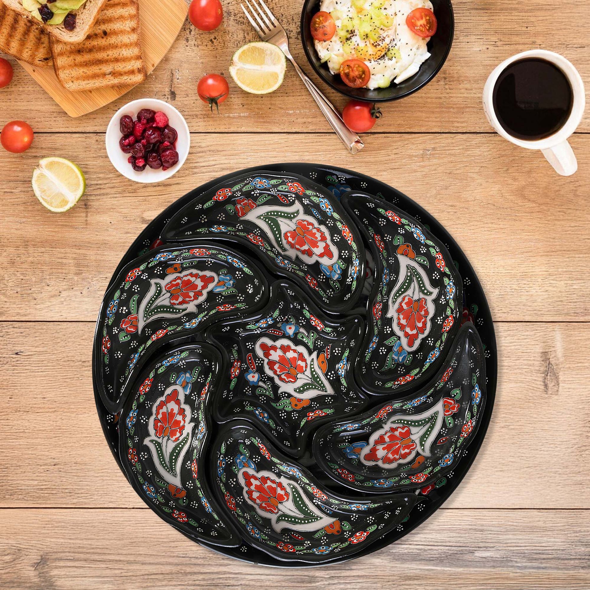 Black Turkish floral ceramic snack serving tray set, 8-piece handmade platter with red flower motifs, artisan appetizer and nut dishes