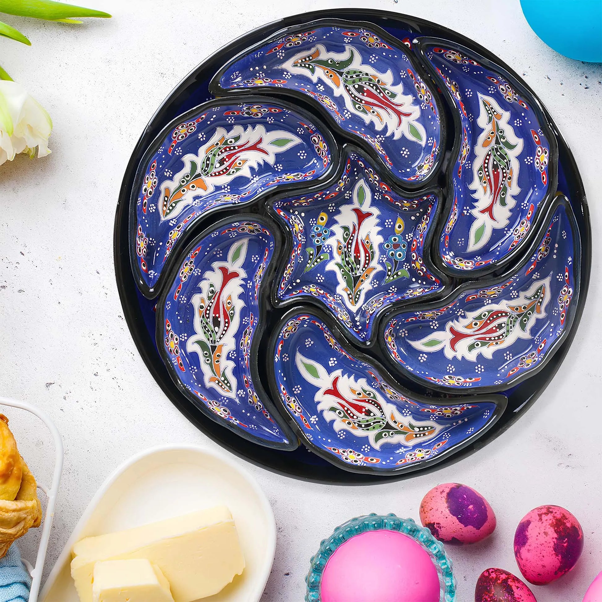 Blue Turkish Floral – 8 Piece Ceramic Snack Serving Tray Set, Handmade Appetizer Platters - EVANILIFE