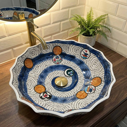 Aegean Wave Ceramic Vessel Sink, Handpainted Scalloped Bathroom Basin