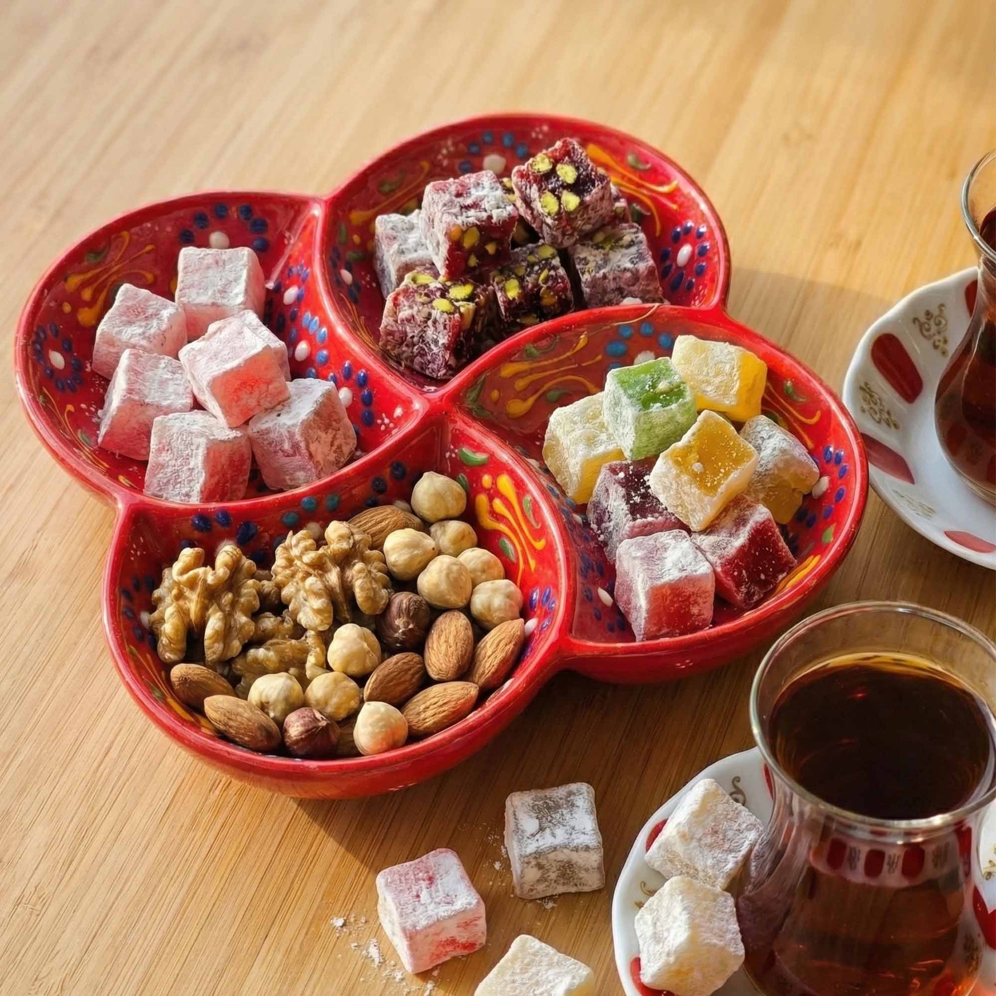 Assorted Turkish delight and nuts on a decorative tray with a glass of tea.