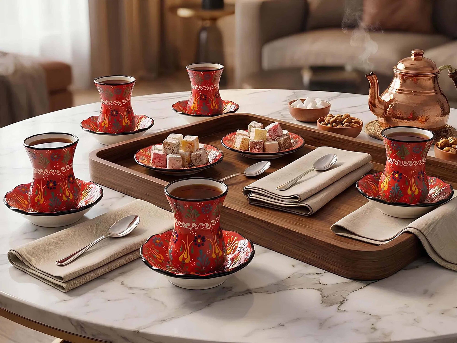 Tea set with red and gold cups and saucers on a marble table.