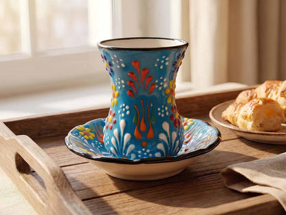 Colorful ceramic cup and saucer on a wooden tray with pastries in the background