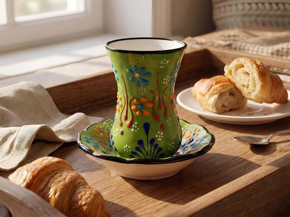 Colorful ceramic cup and saucer with croissants on a wooden table