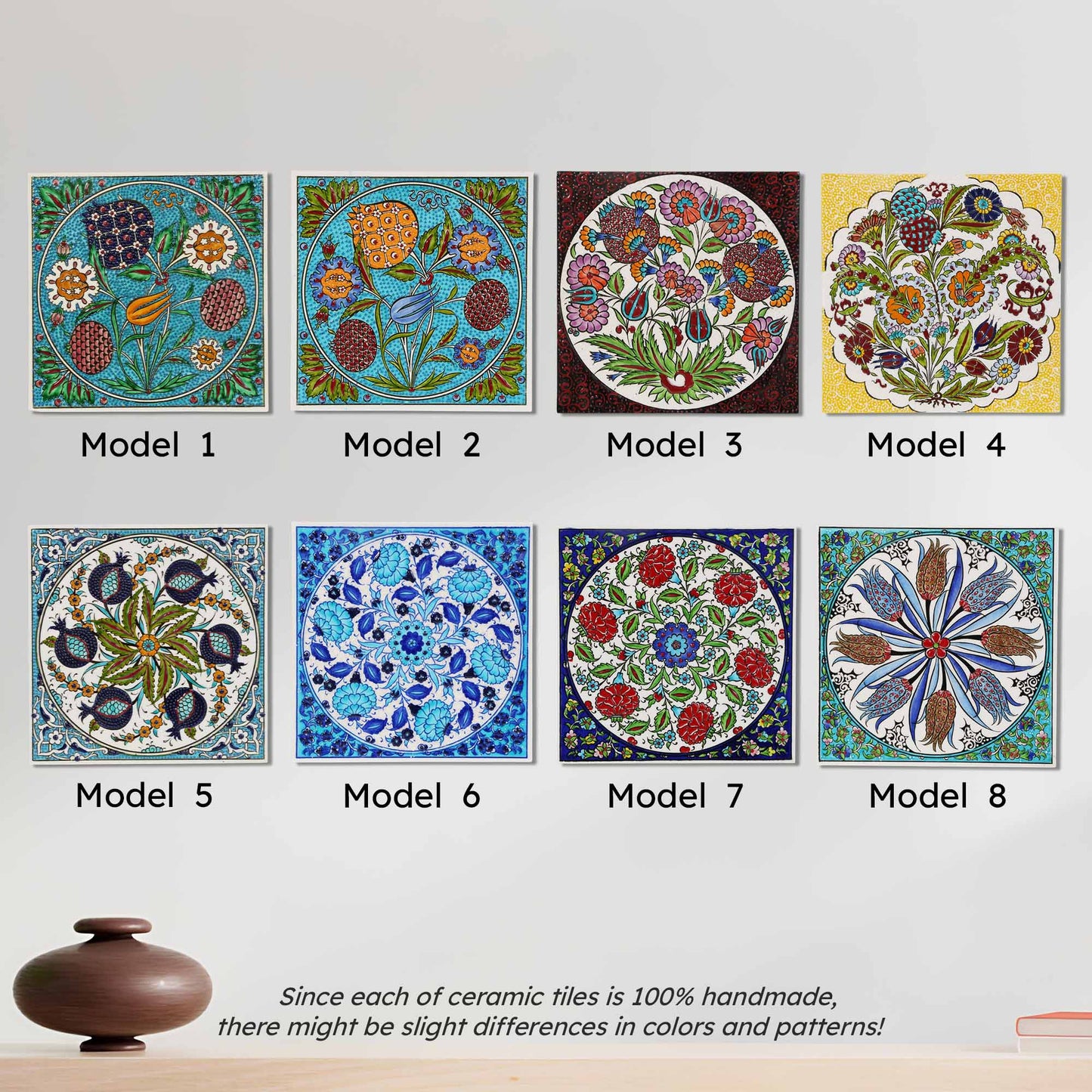Set of eight ceramic tiles with various floral designs on a white background.