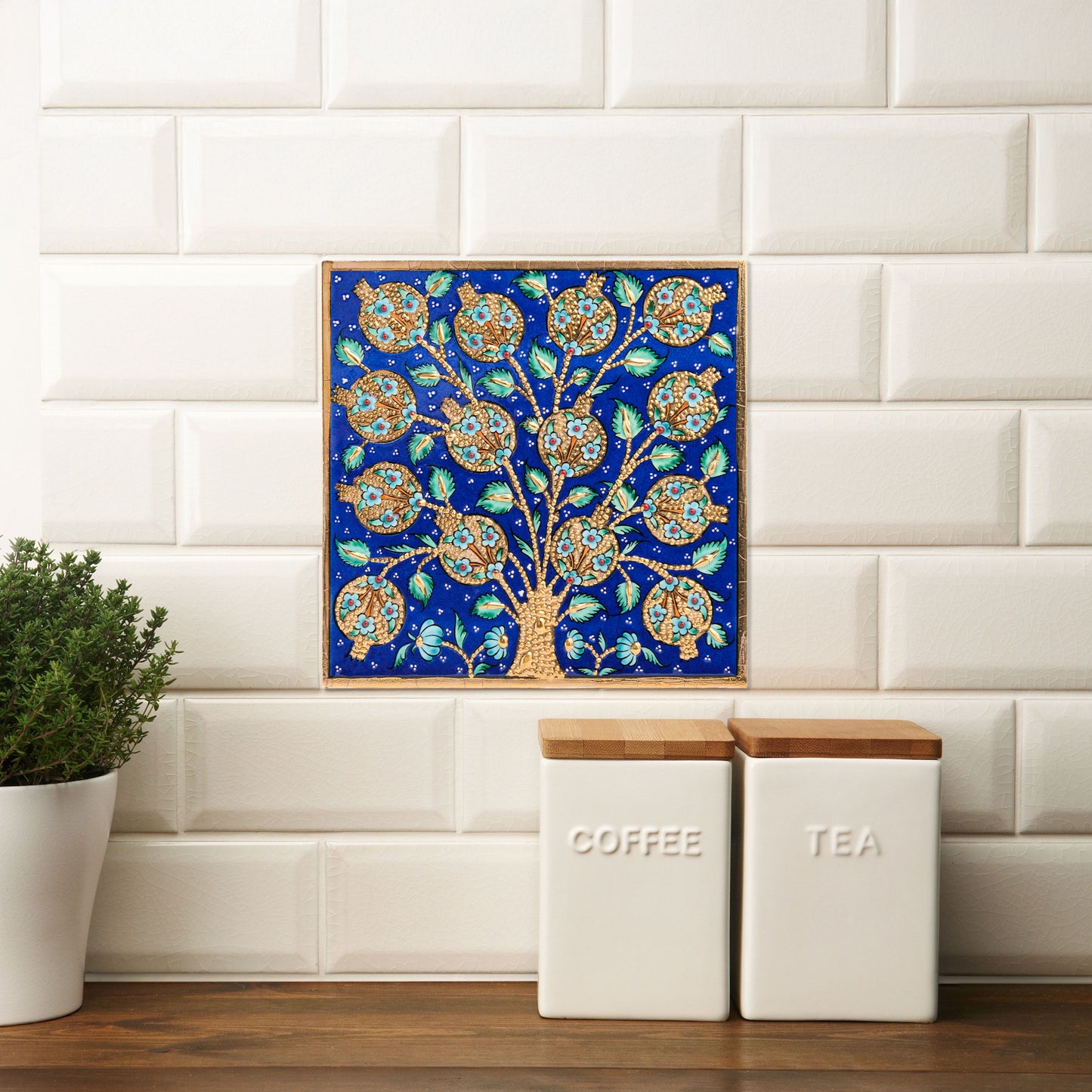 Handmade Ceramic Tile, Blue Pomegranate Tree Tile