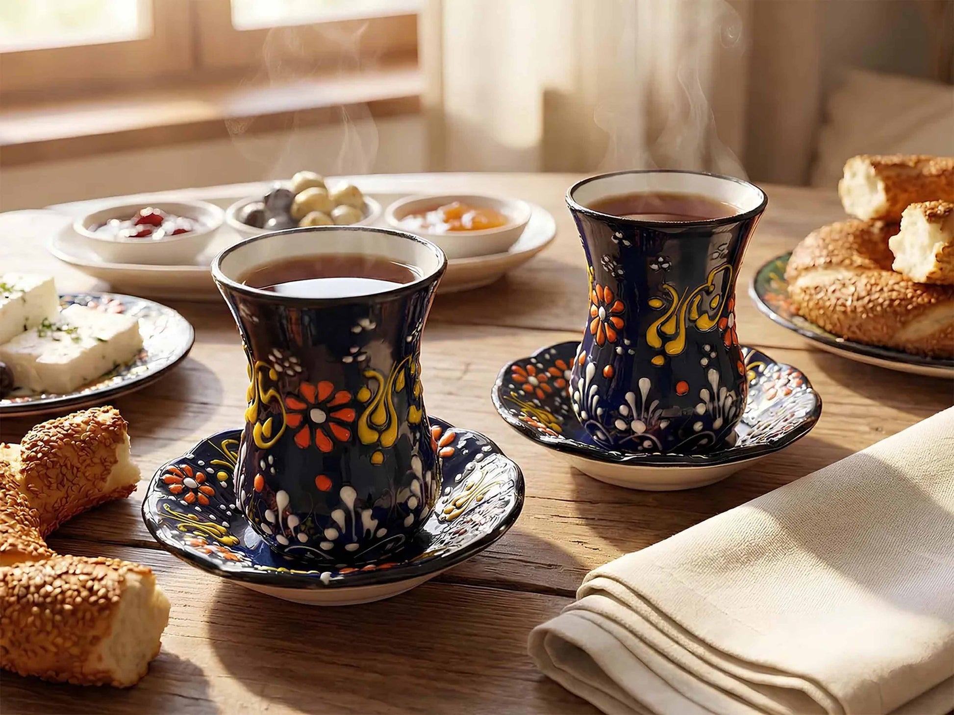 Two ornate teacups with saucers on a wooden table with snacks and bread.