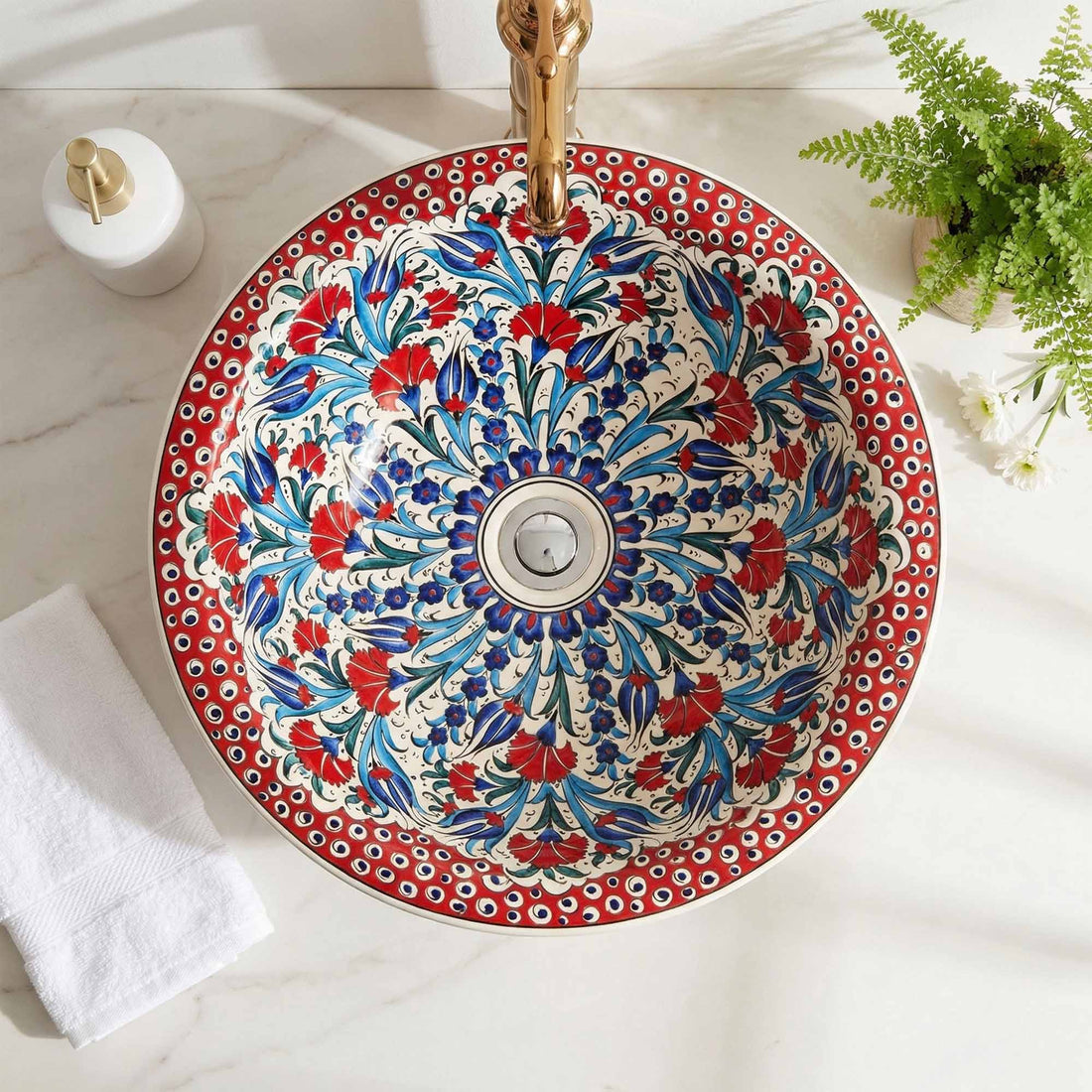 Anatolian Bloom Ceramic Vessel Sink, Handpainted Turkish Bathroom Basin