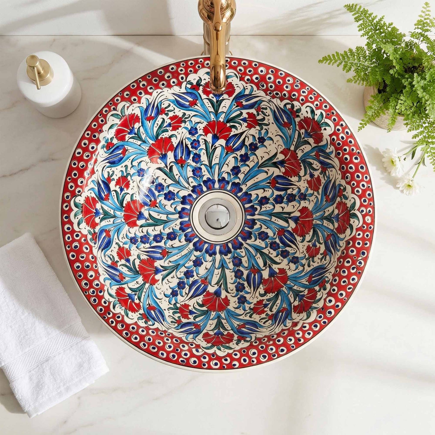 Anatolian Bloom Ceramic Vessel Sink, Handpainted Turkish Bathroom Basin