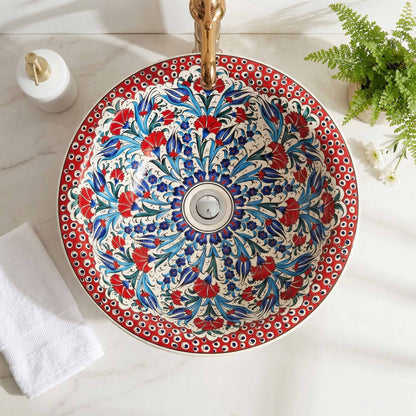 Anatolian Bloom Ceramic Vessel Sink, Handpainted Turkish Bathroom Basin