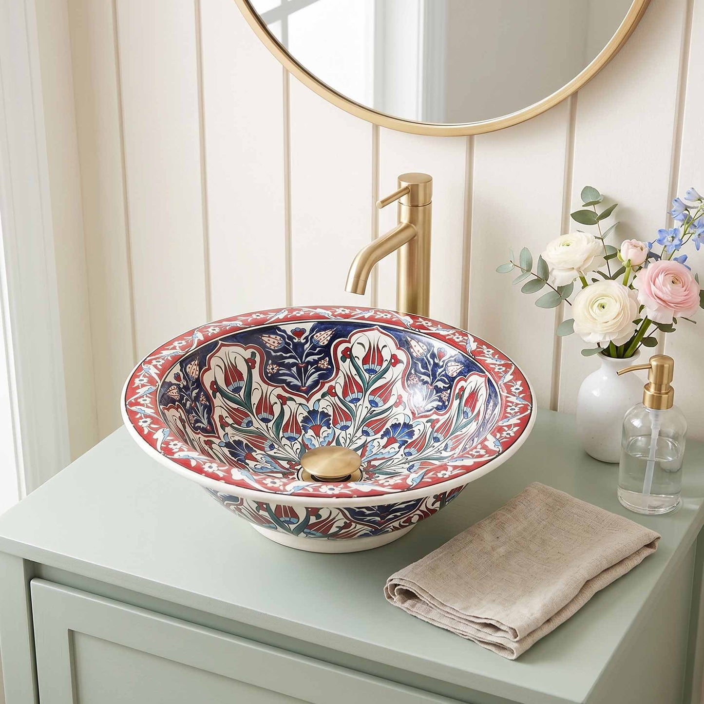 Crimson Tulip Heritage Ceramic Vessel Sink, Handpainted Bathroom Basin