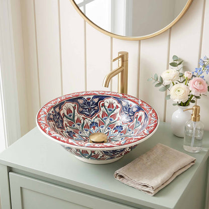 Crimson Tulip Heritage Ceramic Vessel Sink, Handpainted Bathroom Basin