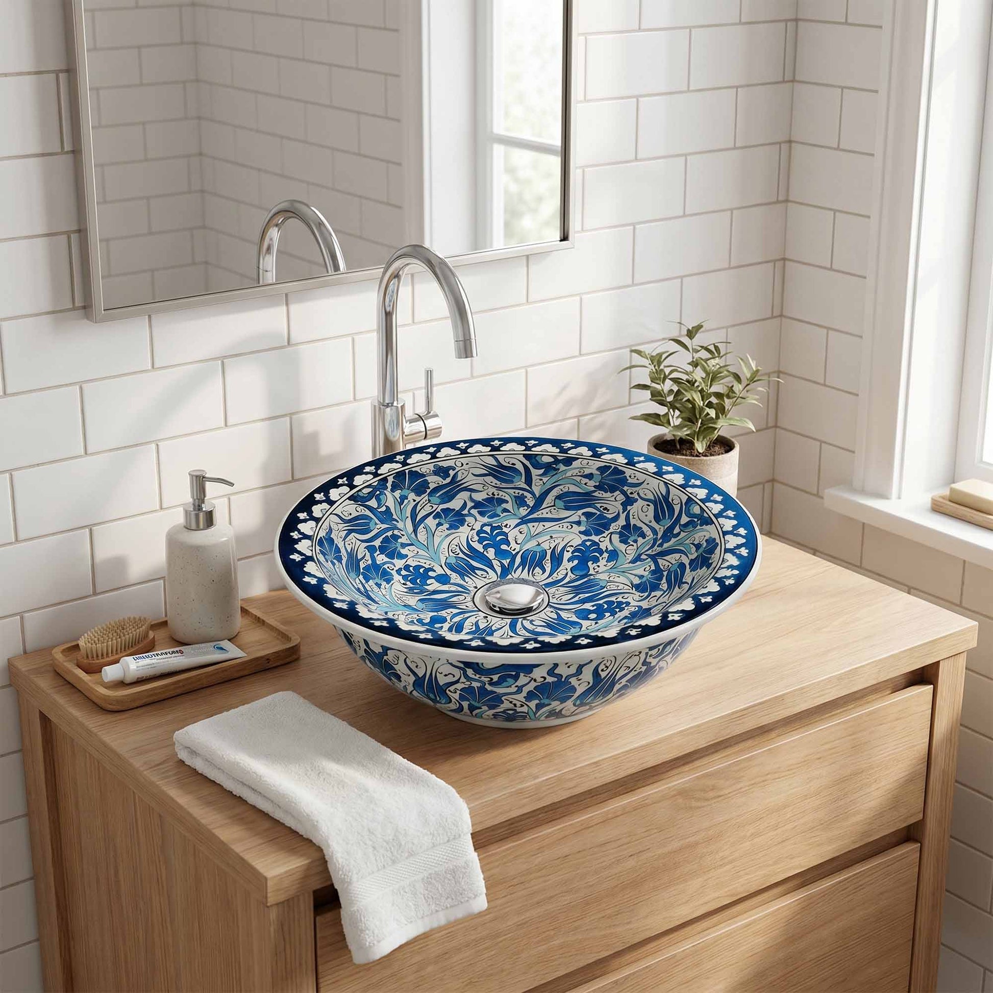 Bathroom with a blue and white floral-patterned ceramic sink on a wooden vanity.