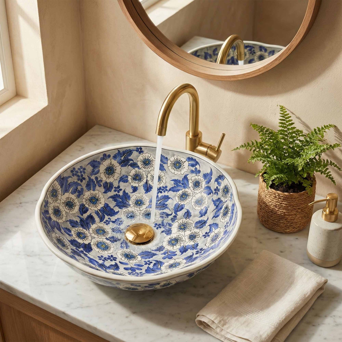 Blue Blossom Ceramic Vessel Sink, Handpainted Floral Bathroom Basin